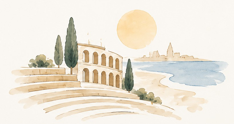Ilustración en acuarela de Tarragona junto al mar